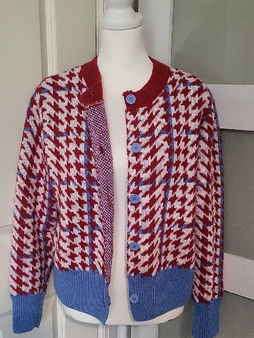 Women’s Was & Now Houndstooth Cardigan Sweater – Size Large | Red, White & Blue - Picture 8 of 10